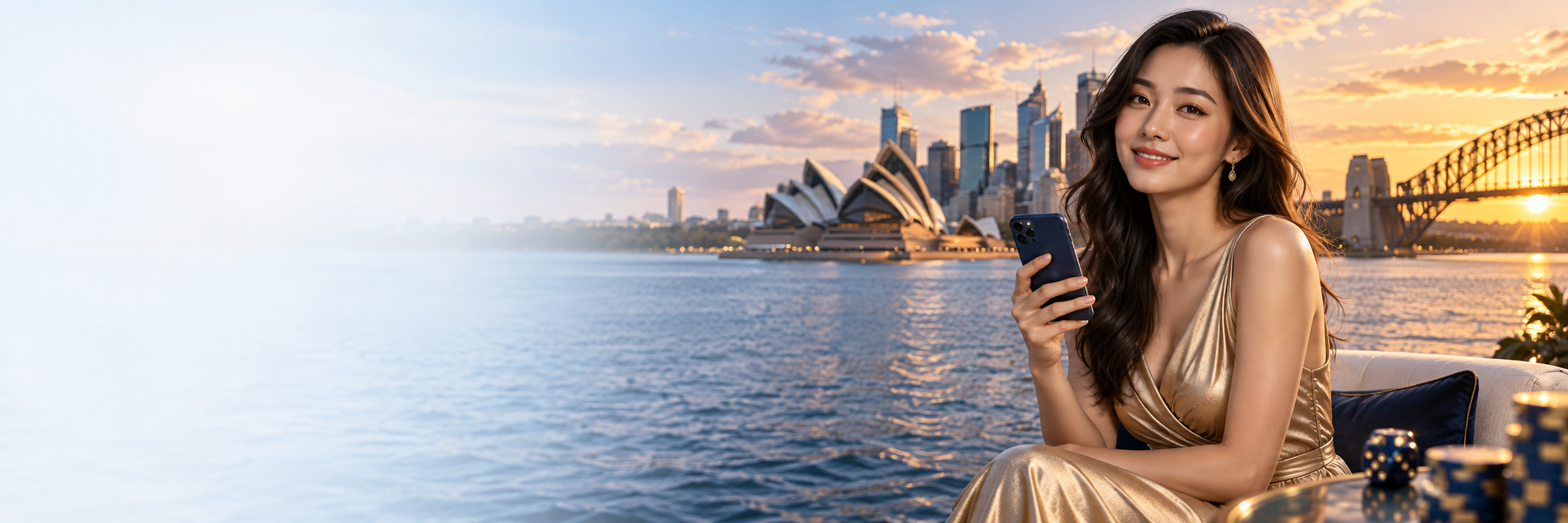 Sydney harbour at golden hour with an adult woman holding a phone — preview artwork
