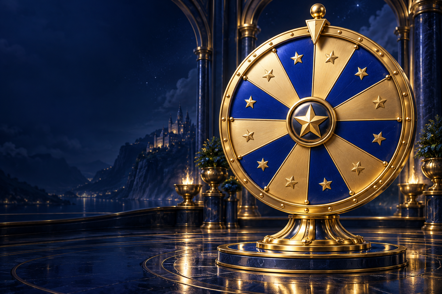 Gold and royal-blue prize wheel — temporary illustration